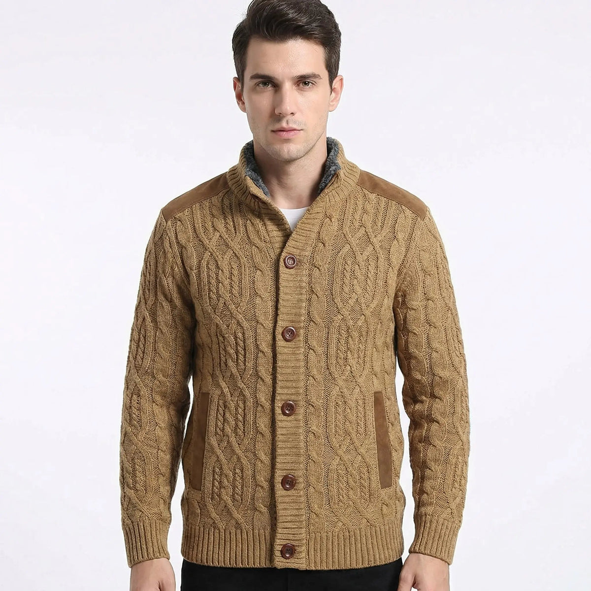 Women's Fleece Lined Button-Up Winter Cardigan with Suede Detail Edenforth