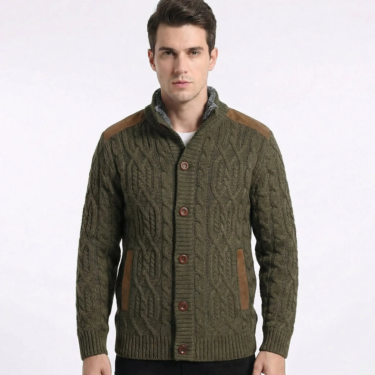 Women's Fleece Lined Button-Up Winter Cardigan with Suede Detail Edenforth