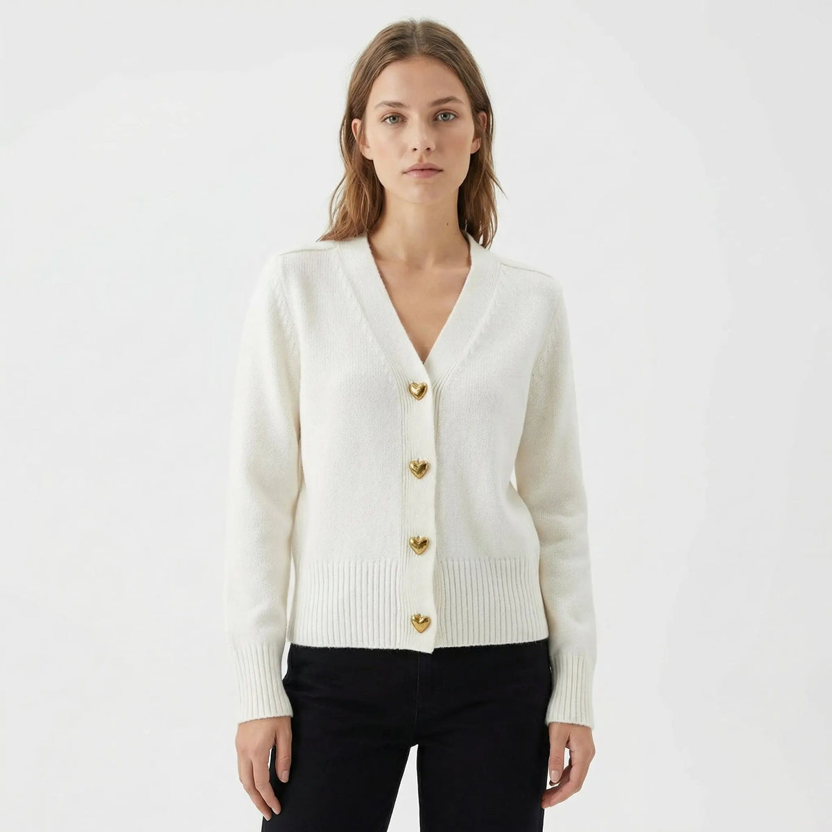 Women's V-Neck Knit Winter Cardigan with Gold Heart Buttons Edenforth