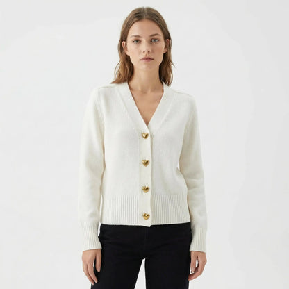 Women's V-Neck Knit Winter Cardigan with Gold Heart Buttons Edenforth