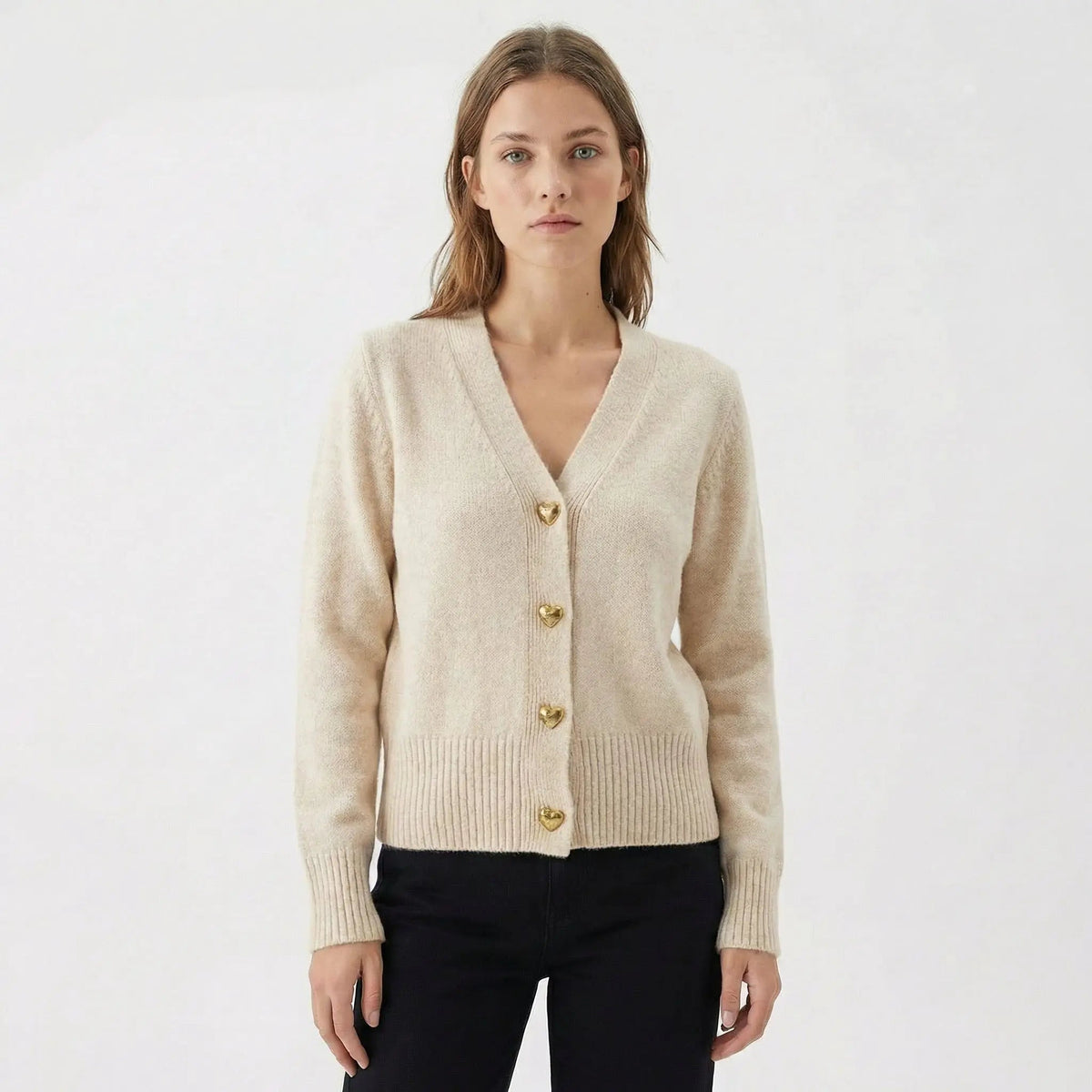Women's V-Neck Knit Winter Cardigan with Gold Heart Buttons Edenforth