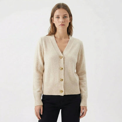Women's V-Neck Knit Winter Cardigan with Gold Heart Buttons Edenforth