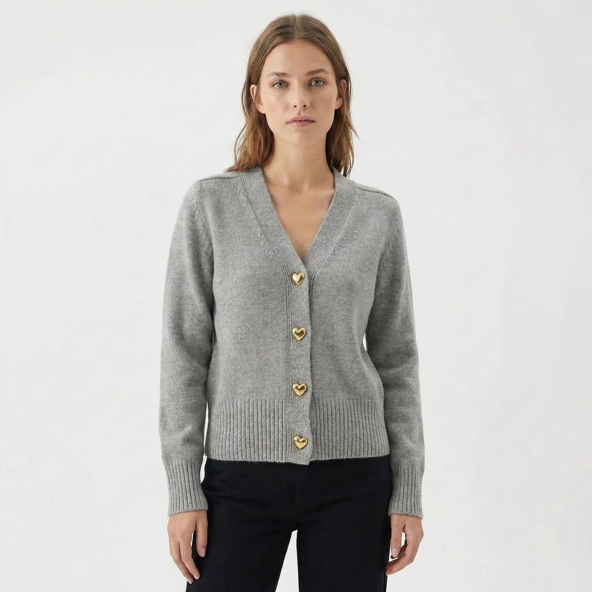 Women's V-Neck Knit Winter Cardigan with Gold Heart Buttons Edenforth