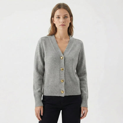 Women's V-Neck Knit Winter Cardigan with Gold Heart Buttons Edenforth
