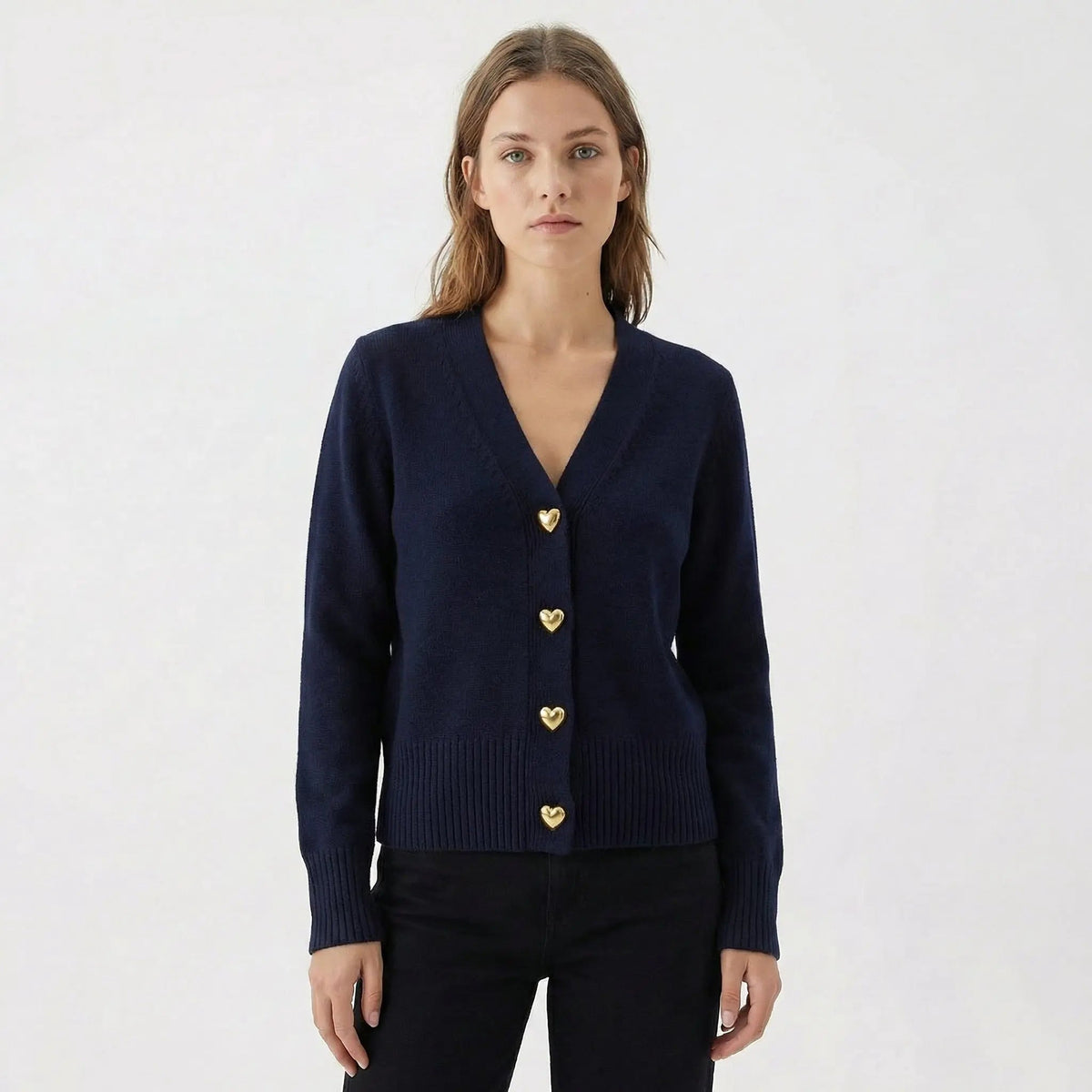 Women's V-Neck Knit Winter Cardigan with Gold Heart Buttons Edenforth