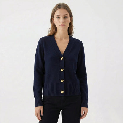 Women's V-Neck Knit Winter Cardigan with Gold Heart Buttons Edenforth