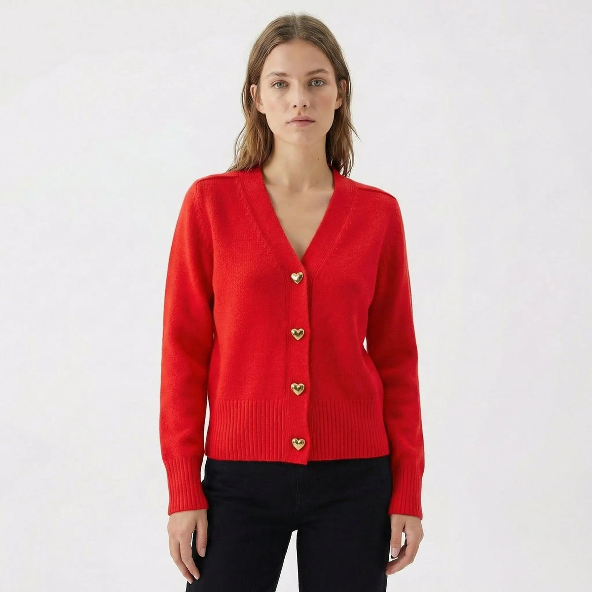 Women's V-Neck Knit Winter Cardigan with Gold Heart Buttons Edenforth