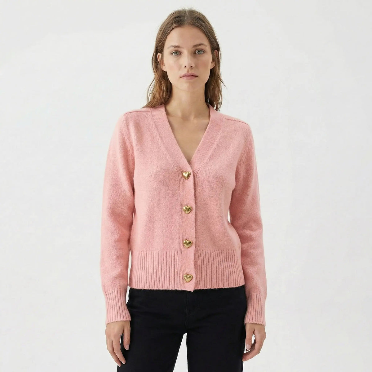 Women's V-Neck Knit Winter Cardigan with Gold Heart Buttons Edenforth
