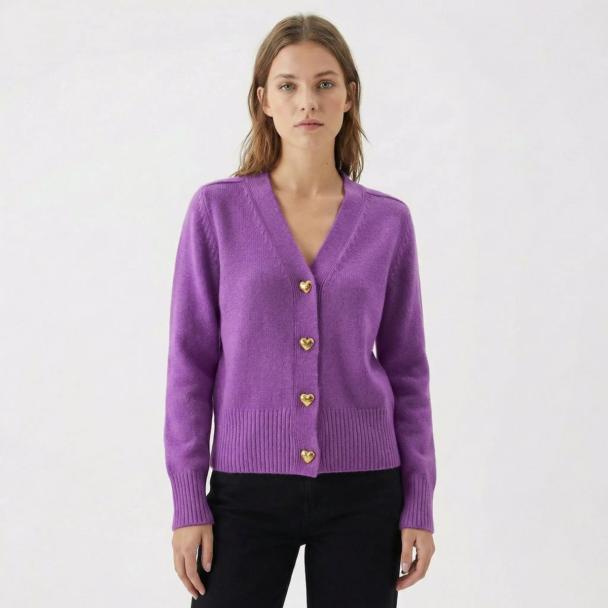 Women's V-Neck Knit Winter Cardigan with Gold Heart Buttons Edenforth