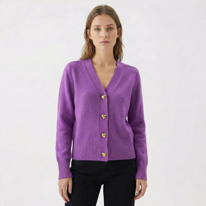 Women's V-Neck Knit Winter Cardigan with Gold Heart Buttons Edenforth