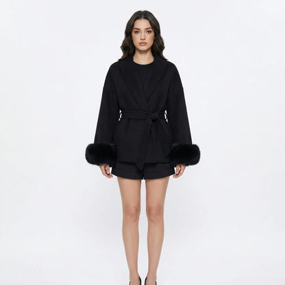 Women's Wrap Coats Belted Winter Jacket with Faux-Fur Cuff Detail Edenforth