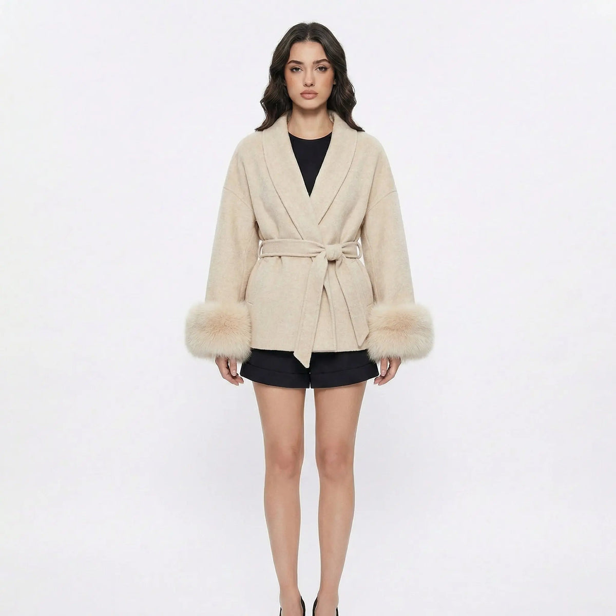 Women's Wrap Coats Belted Winter Jacket with Faux-Fur Cuff Detail Edenforth
