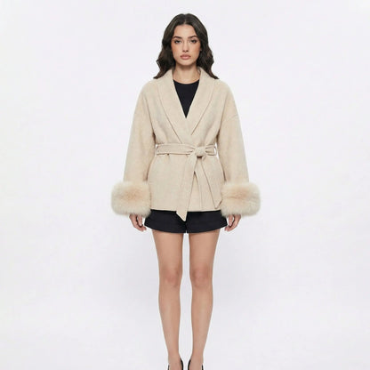 Women's Wrap Coats Belted Winter Jacket with Faux-Fur Cuff Detail Edenforth