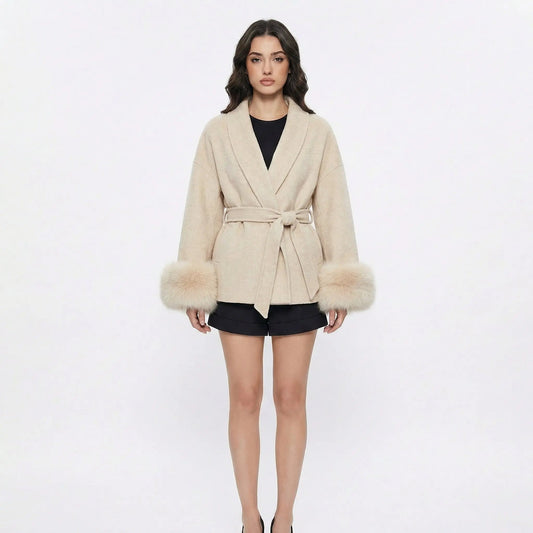 Women's Wrap Coats Belted Winter Jacket with Faux-Fur Cuff Detail Edenforth