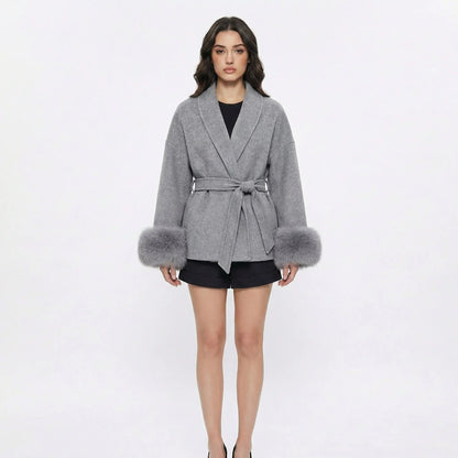 Women's Wrap Coats Belted Winter Jacket with Faux-Fur Cuff Detail Edenforth