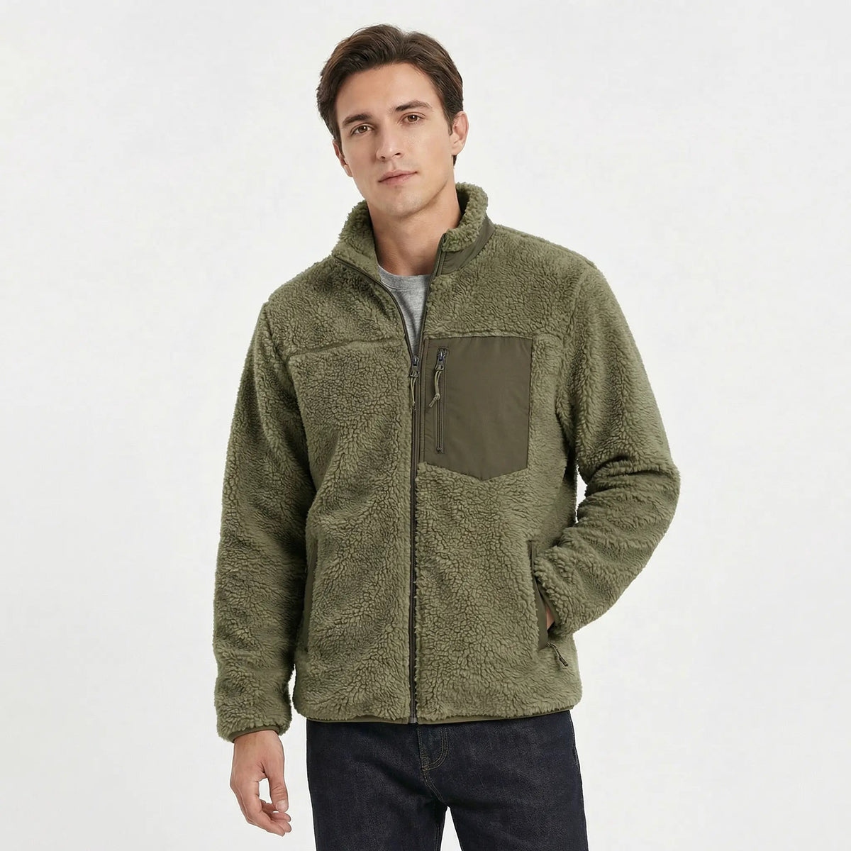 Men's Sherpa Deep Pile Fleece Zip-Up Winter Jacket with Contrast Pocket Edenforth