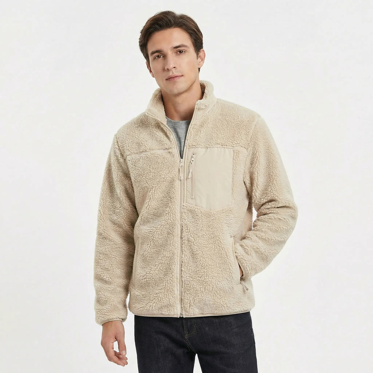 Men's Sherpa Deep Pile Fleece Zip-Up Winter Jacket with Contrast Pocket Edenforth