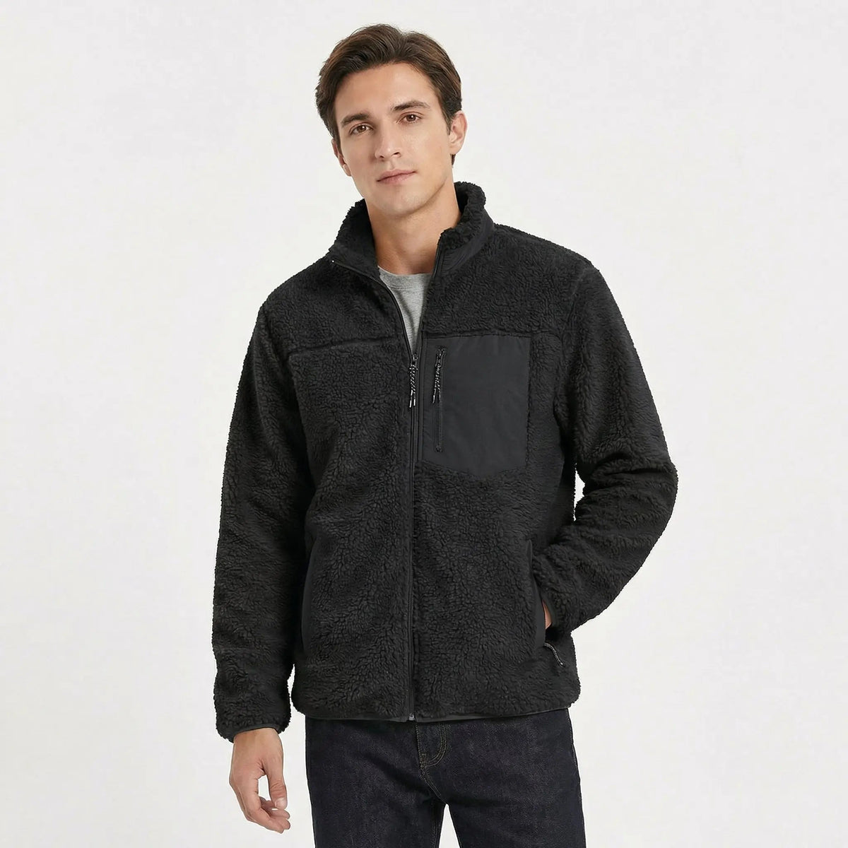 Men's Sherpa Deep Pile Fleece Zip-Up Winter Jacket with Contrast Pocket Edenforth