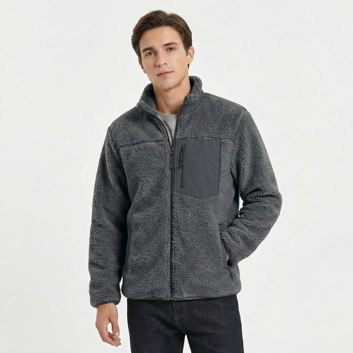 Men's Sherpa Deep Pile Fleece Zip-Up Winter Jacket with Contrast Pocket Edenforth