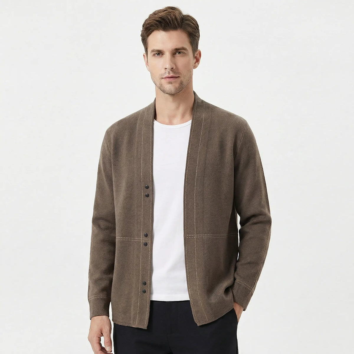 Men's Contrast Stitch Open-Front Knit Cardigan Winter Sweater Edenforth