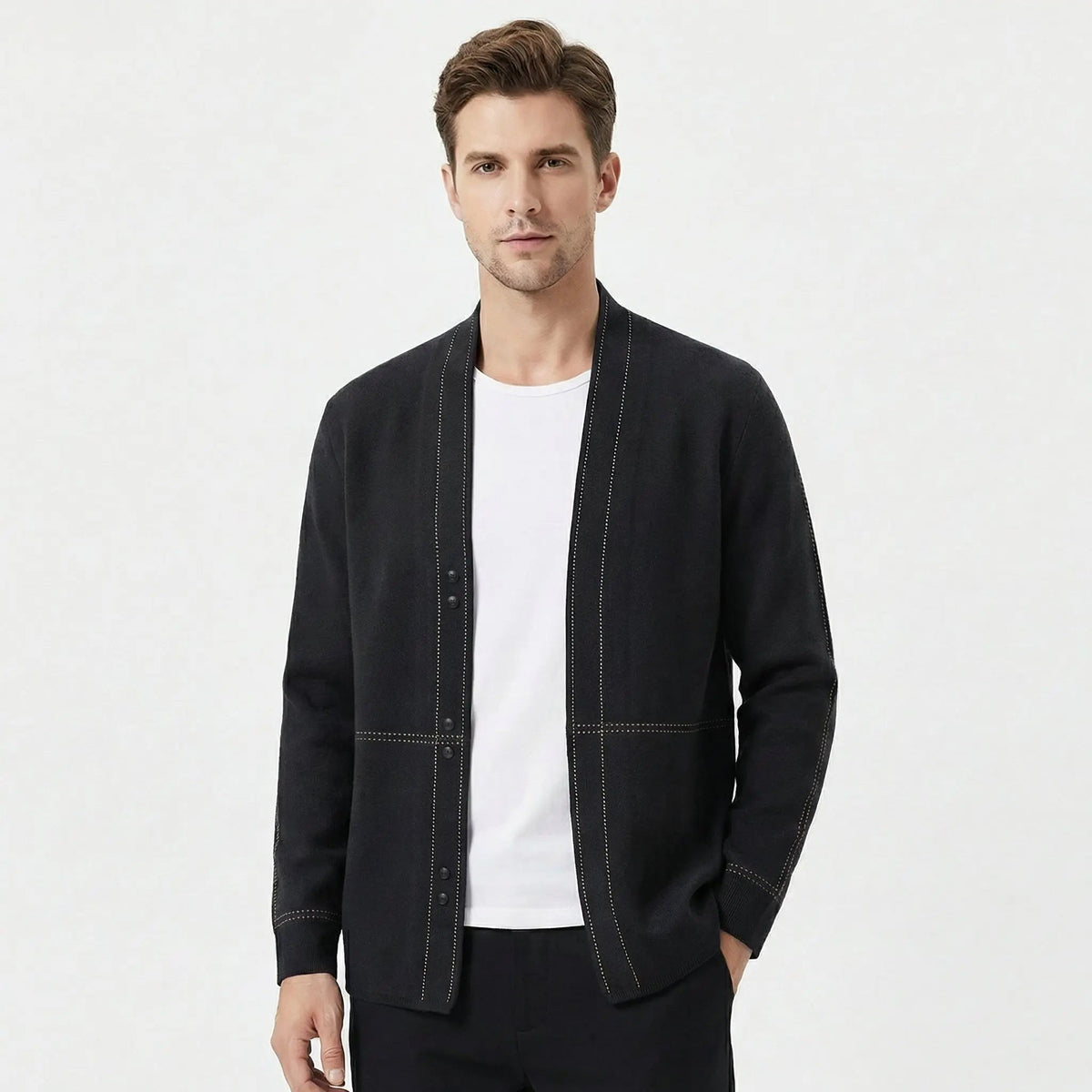Men's Contrast Stitch Open-Front Knit Cardigan Winter Sweater Edenforth