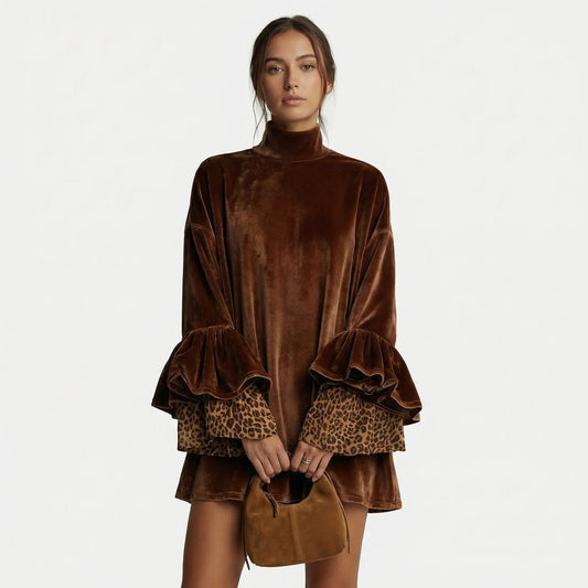 Women's Velvet Dress Mock-Neck Mini Winter Dress with Ruffle Bell Sleeves Edenforth