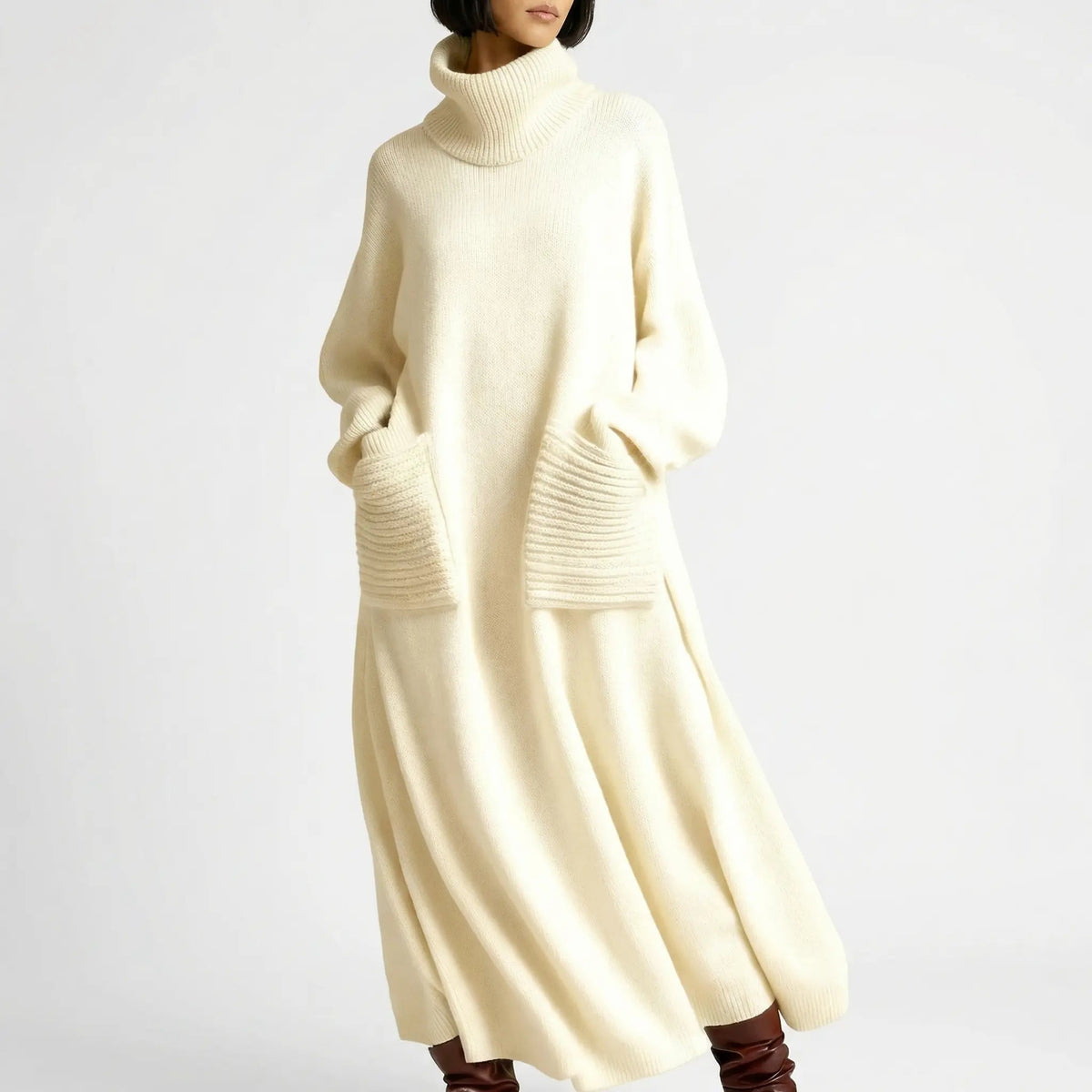 Women's Oversized Turtleneck Knit Maxi Winter Dress with Patch Pockets Edenforth