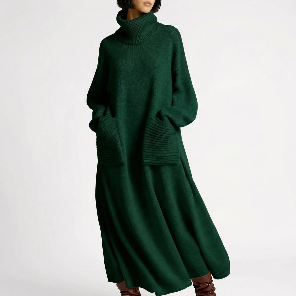 Women's Oversized Turtleneck Knit Maxi Winter Dress with Patch Pockets Edenforth