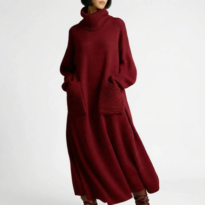 Women's Oversized Turtleneck Knit Maxi Winter Dress with Patch Pockets Edenforth