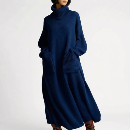 Women's Oversized Turtleneck Knit Maxi Winter Dress with Patch Pockets Edenforth