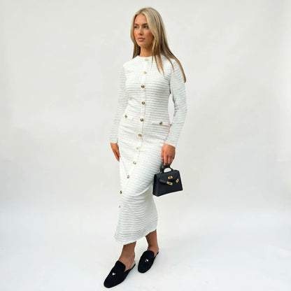 Women's Textured Knit Gold Button Front Midi Sweater Winter Dress Edenforth