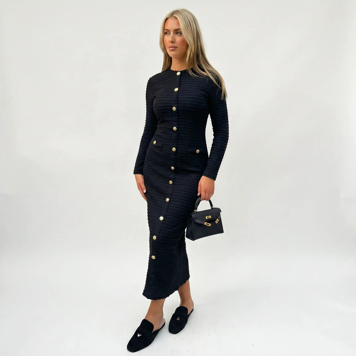 Women's Textured Knit Gold Button Front Midi Sweater Winter Dress Edenforth