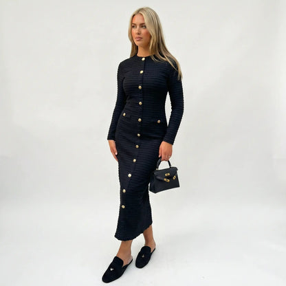 Women's Textured Knit Gold Button Front Midi Sweater Winter Dress Edenforth