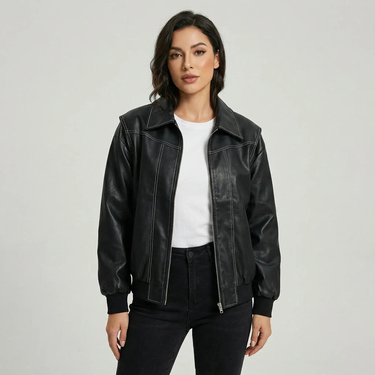 Women's Retro Vintage Leather Bomber Winter Fall Jacket Edenforth