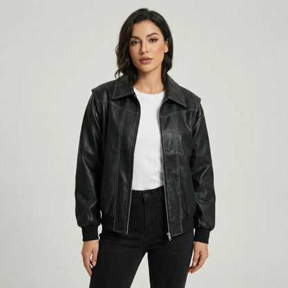 Women's Retro Vintage Leather Bomber Winter Fall Jacket Edenforth