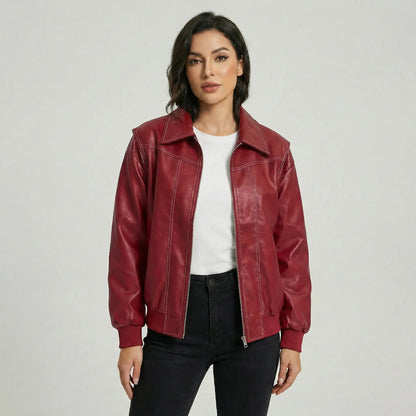 Women's Retro Vintage Leather Bomber Winter Fall Jacket Edenforth