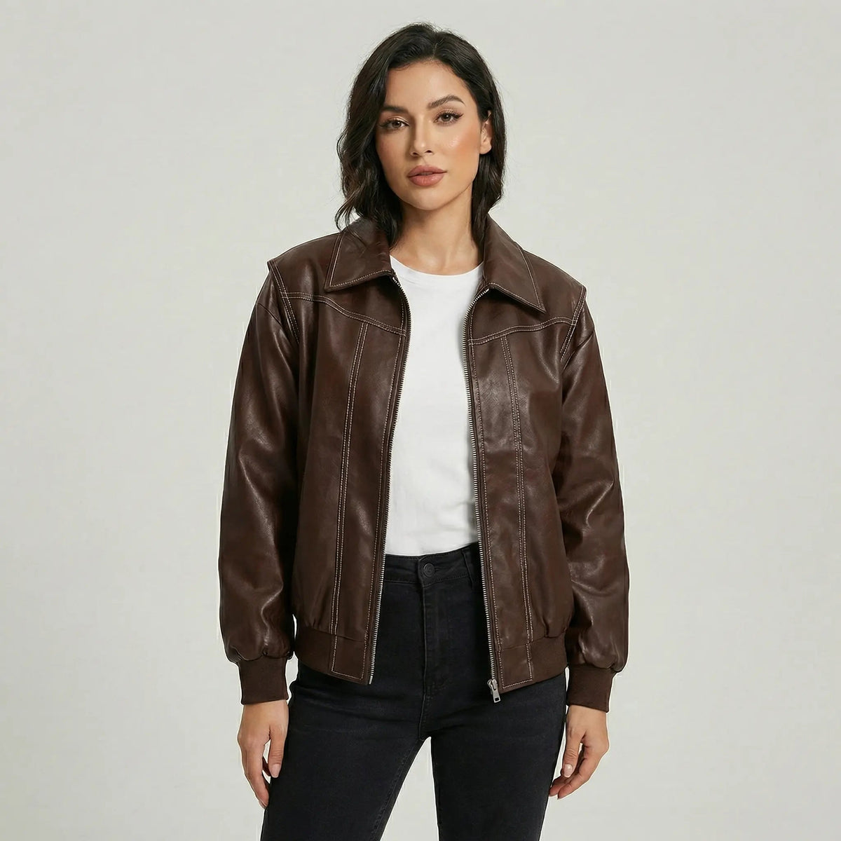 Women's Retro Vintage Leather Bomber Winter Fall Jacket Edenforth