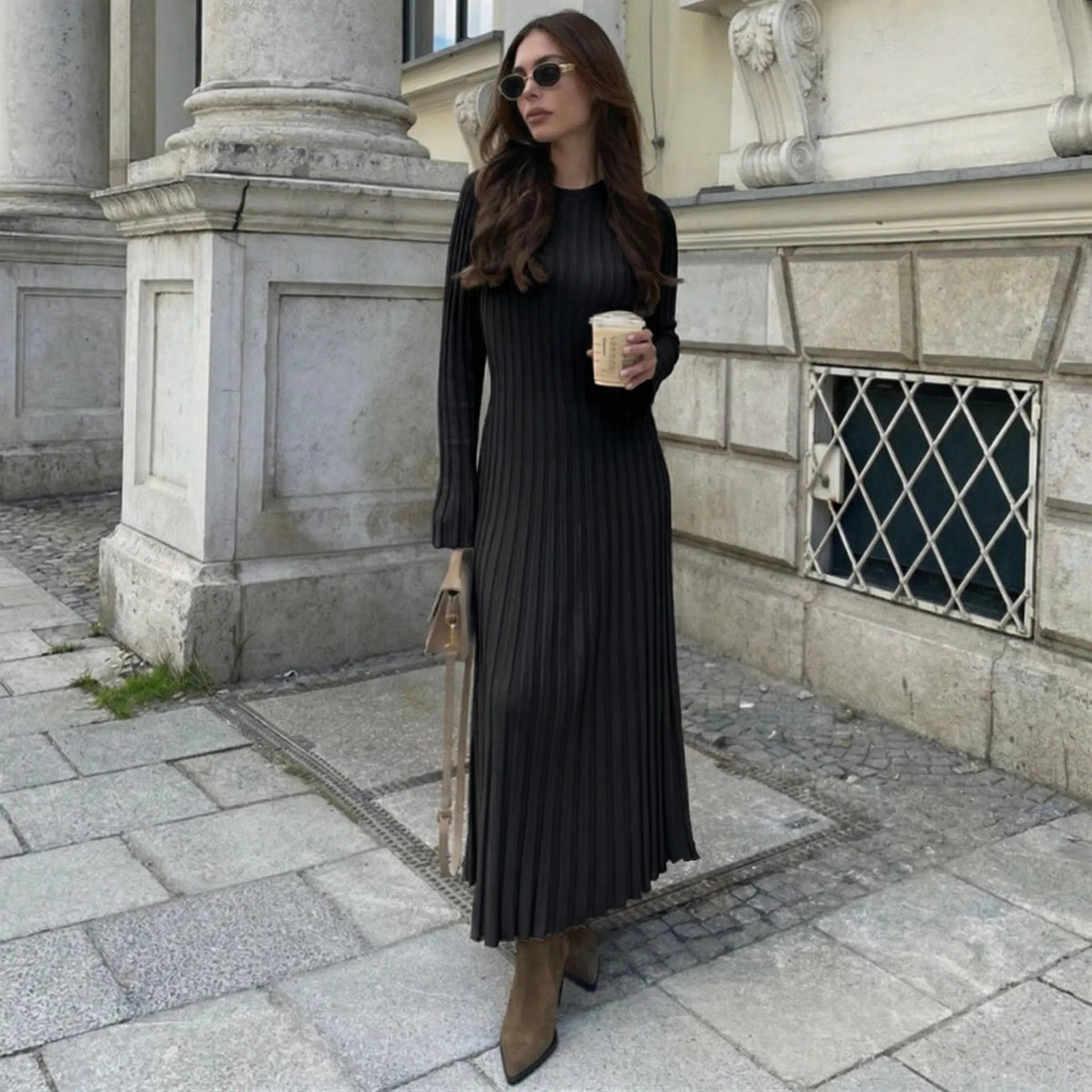 Women's Long-Sleeve Crewneck Slim-Fit Knit Maxi Winter Dress Edenforth