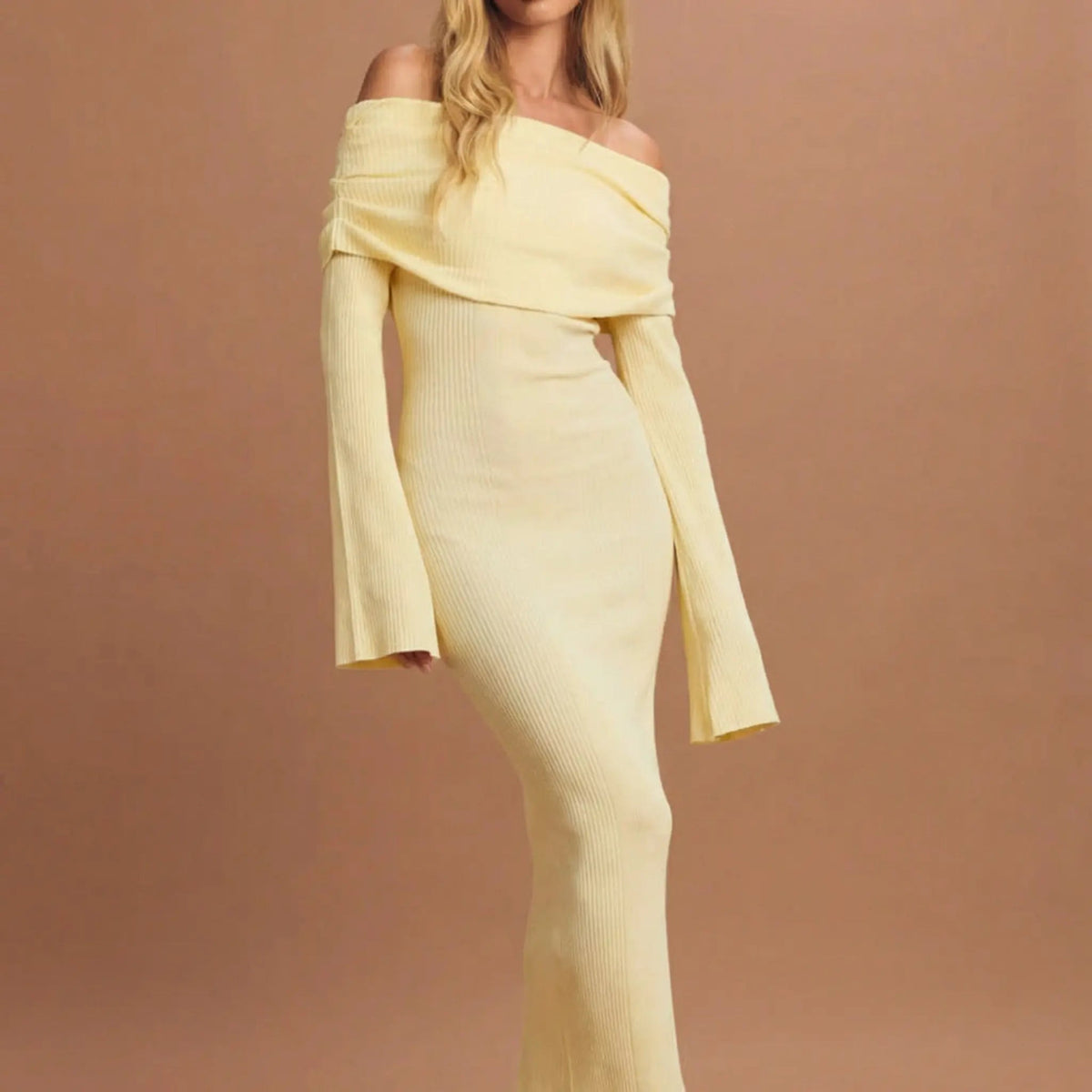 Women's Off-Shoulder Pleated Knit Body-con Maxi Winter Dress Edenforth