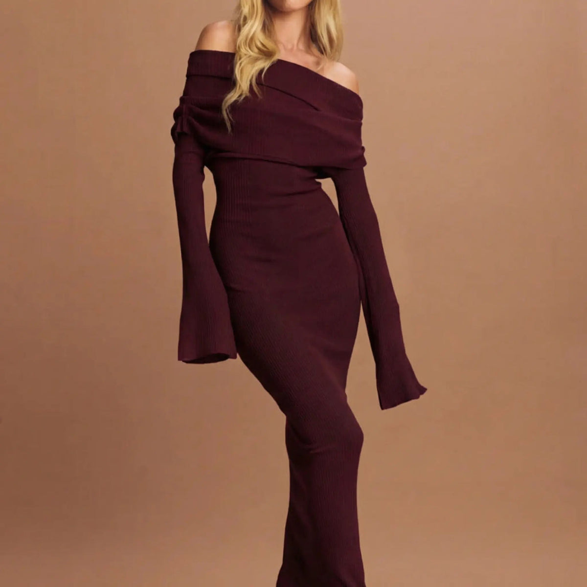 Women's Off-Shoulder Pleated Knit Body-con Maxi Winter Dress Edenforth