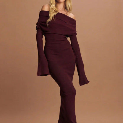 Women's Off-Shoulder Pleated Knit Body-con Maxi Winter Dress Edenforth