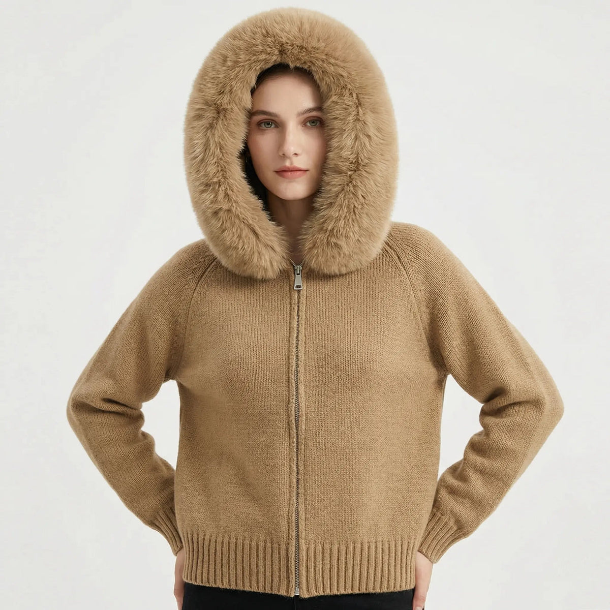 Women's Hooded Zip Knit Faux-Fur Trim Loose Winter Cardigan Edenforth