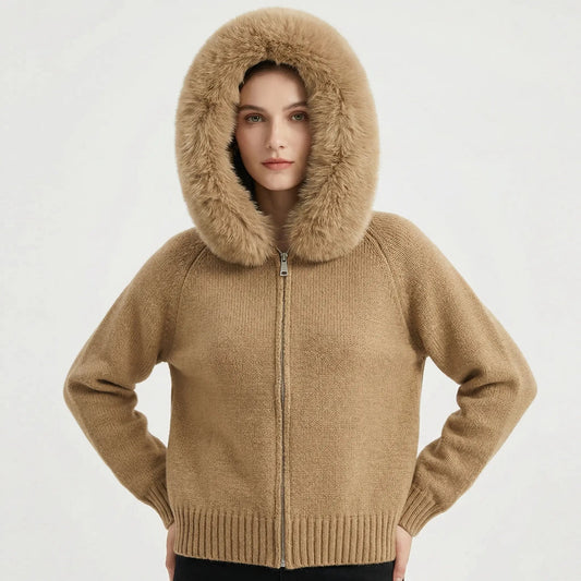 Women's Hooded Zip Knit Faux-Fur Trim Loose Winter Cardigan Edenforth