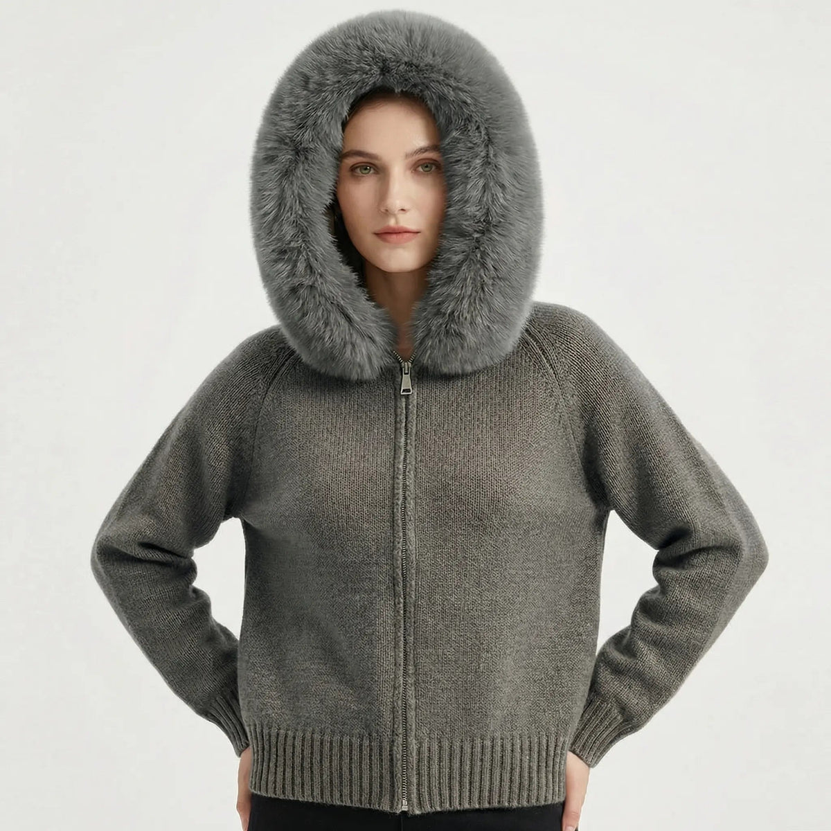 Women's Hooded Zip Knit Faux-Fur Trim Loose Winter Cardigan Edenforth