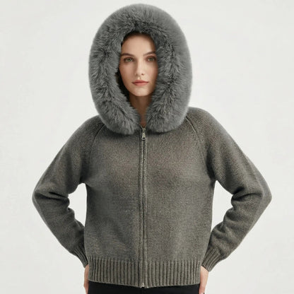 Women's Hooded Zip Knit Faux-Fur Trim Loose Winter Cardigan Edenforth