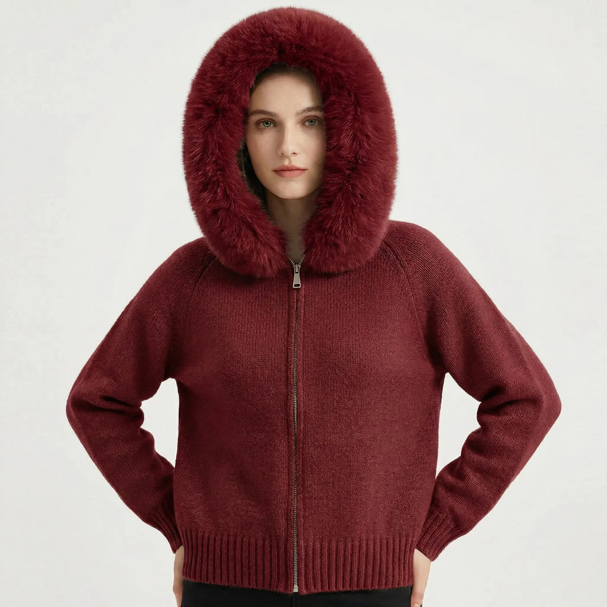 Women's Hooded Zip Knit Faux-Fur Trim Loose Winter Cardigan Edenforth