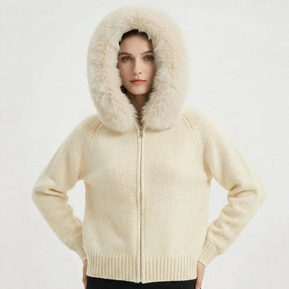 Women's Hooded Zip Knit Faux-Fur Trim Loose Winter Cardigan Edenforth