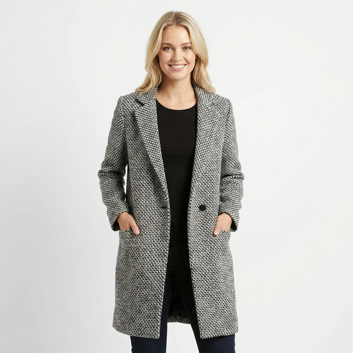 Women's Houndstooth Tailored Long Wool Blend Overcoat Edenforth