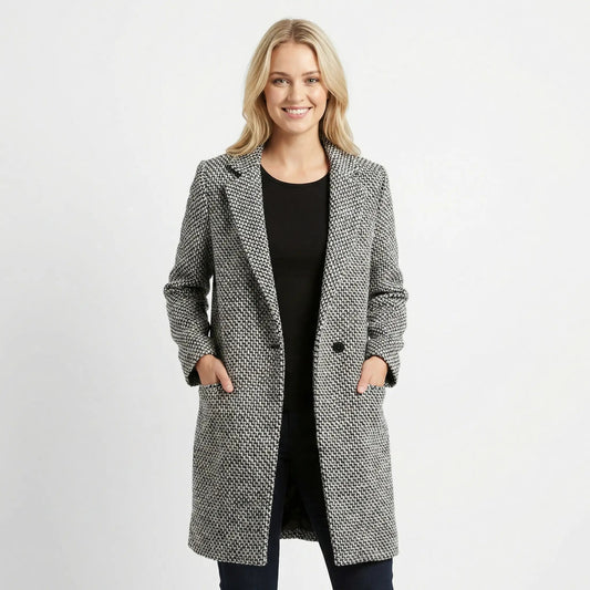 Women's Houndstooth Tailored Long Wool Blend Overcoat Edenforth