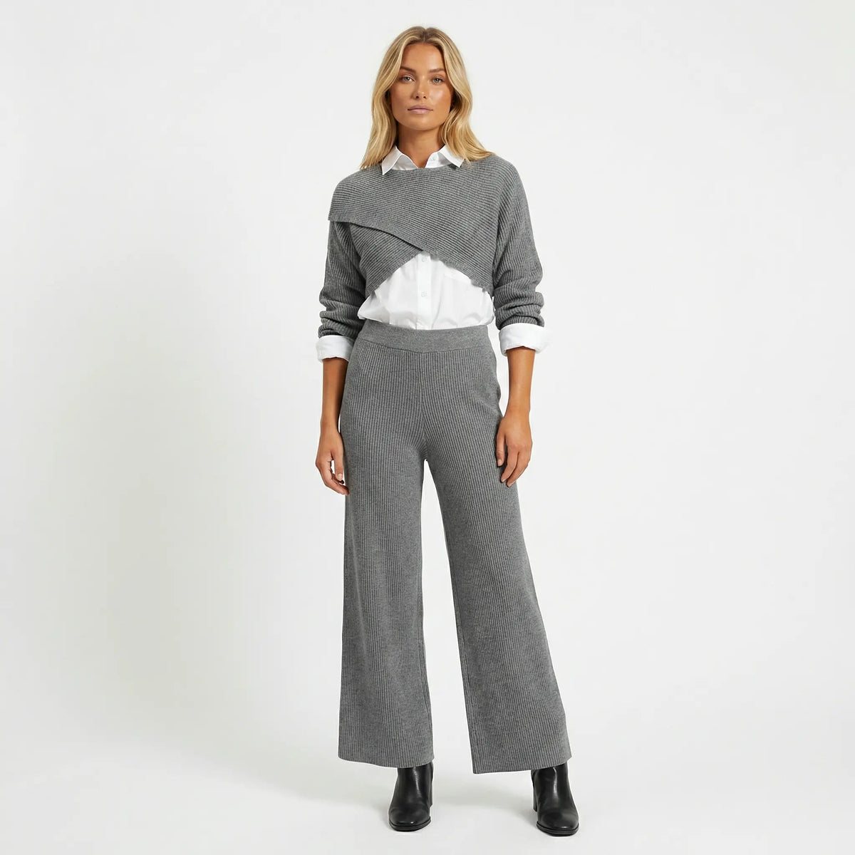 Women's Three Piece Knit Set Cropped Sweater Shirt and Wide-Leg Pants Edenforth